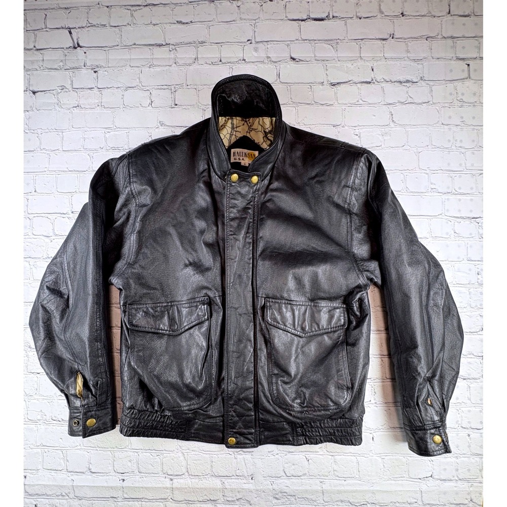 Haluksan USA Bomber Jacket Mens L Black Vintage Leather Map Lining